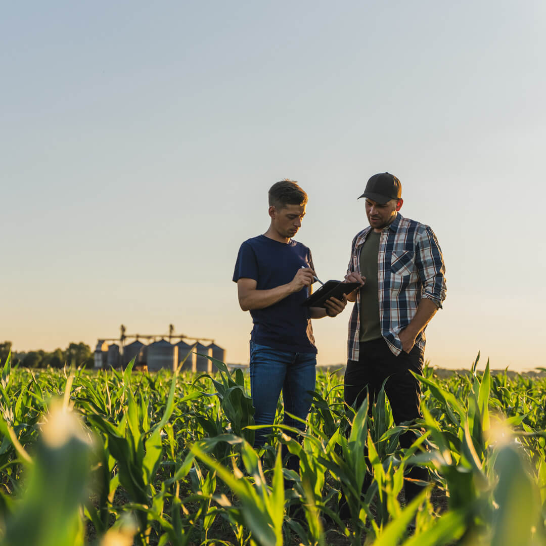 two people with a tablet in a field